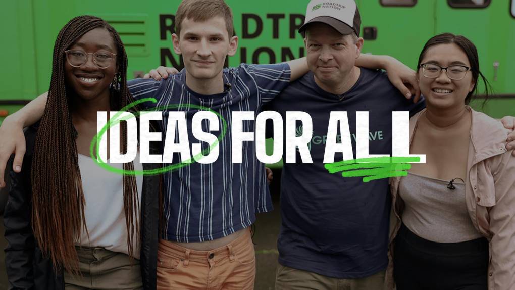 Promotional image for Ideas for All, a new two-part documentary series from Roadtrip Nation. Image features four of the featured young people locked in arms in the documentary series with the title Ideas for All super-imposed across the image.
