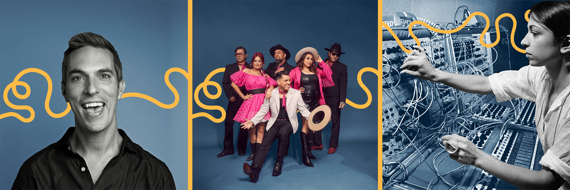 Photos of Ari Shario, Las Cafeteras, and Suzanne Ciani, from left to right.