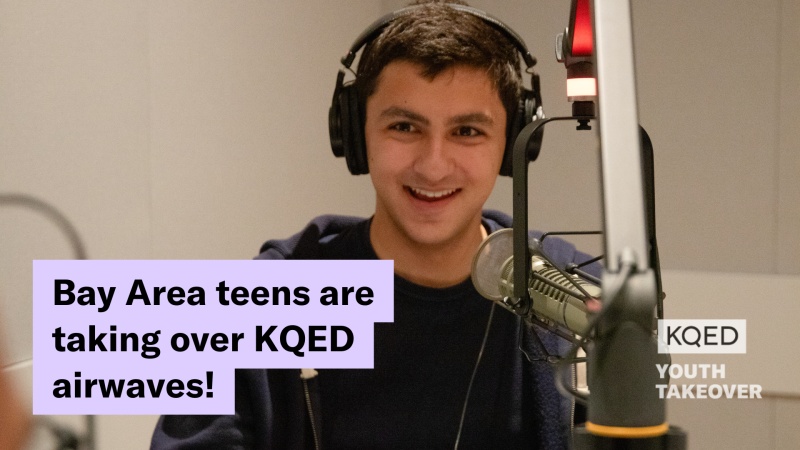A teenager sits in front of a live microphone in a recording studio