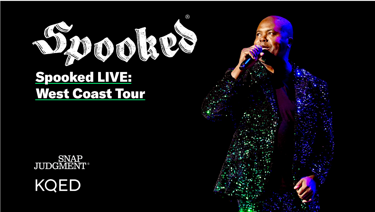 Image of Spooked podcast host Glynn Washington alone on a dark stage with a mic in hand. He is wearing a shimmering jacket that reflects the purple backlight off of it. Text reads: Spooked LIVE: West Coast Tour with logos for Snap Judgment and KQED.