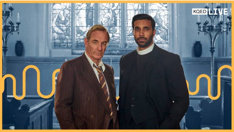 Promotional image for Grantchester showing Geordie Keating (Robson Green) and Alphy Kottaram (Rishi Nair) standing side by side inside a church. Geordie wears a brown pinstripe suit and striped tie, while Alphy wears a black clerical suit with a white collar. They face the camera with serious expressions, framed by stained-glass windows, pews, and tall candelabras in the softly lit background. A yellow wavy graphic runs across the image, and a KQED Live logo appears in the upper-right corner.