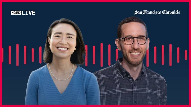 Promotional graphic for a KQED Live event featuring San Francisco Supervisor Connie Chan on the left and State Senator Scott Wiener on the right. Chan is smiling and wearing a light blue V-neck top, pearl necklace and small gold earrings. Wiener is smiling and wearing round glasses and a dark gray plaid button-down shirt. The two portraits appear against a dark navy background with a stylized red audio waveform running behind them. The KQED Live logo appears in the upper left corner, and the San Francisco Chronicle logo appears in the upper right. A bright pink border frames the graphic.