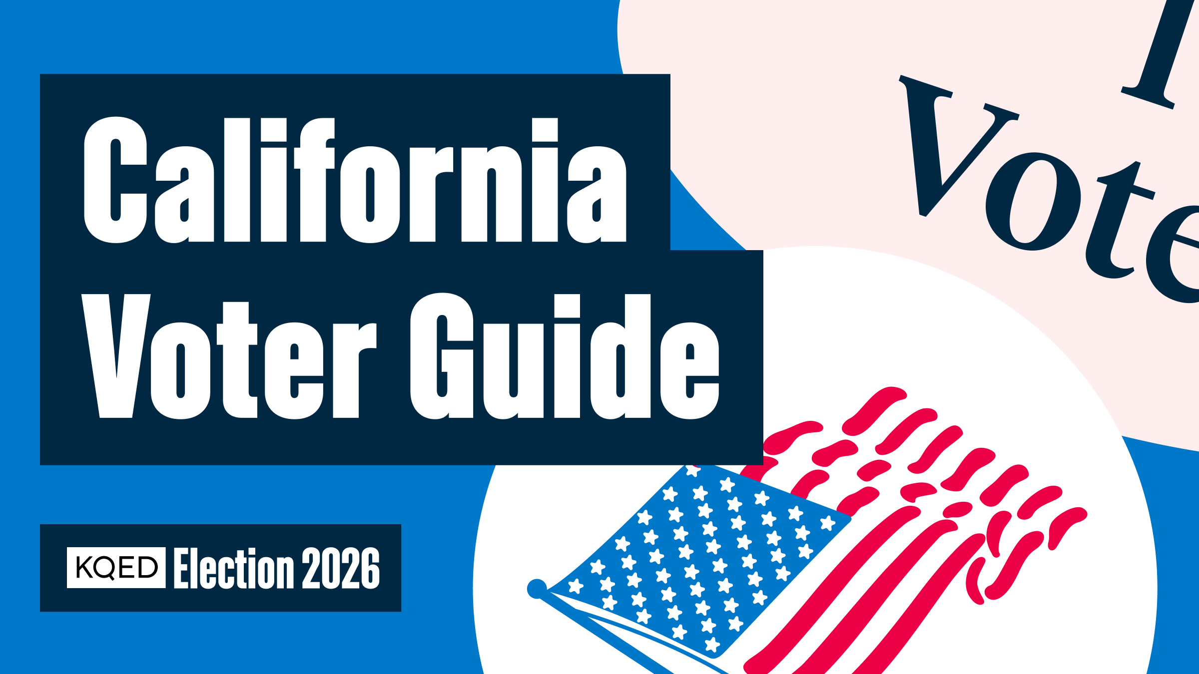 KQED California Voter Guide graphic featuring the text "California Voter Guide" and "KQED Election 2026" on a bright blue background alongside an illustration of an American flag.