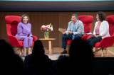 Nancy Pelosi laughs alongside co-hosts Scott Shafer and Marisa Lagos during the inaugural KQED Live event on October 13, 2021.