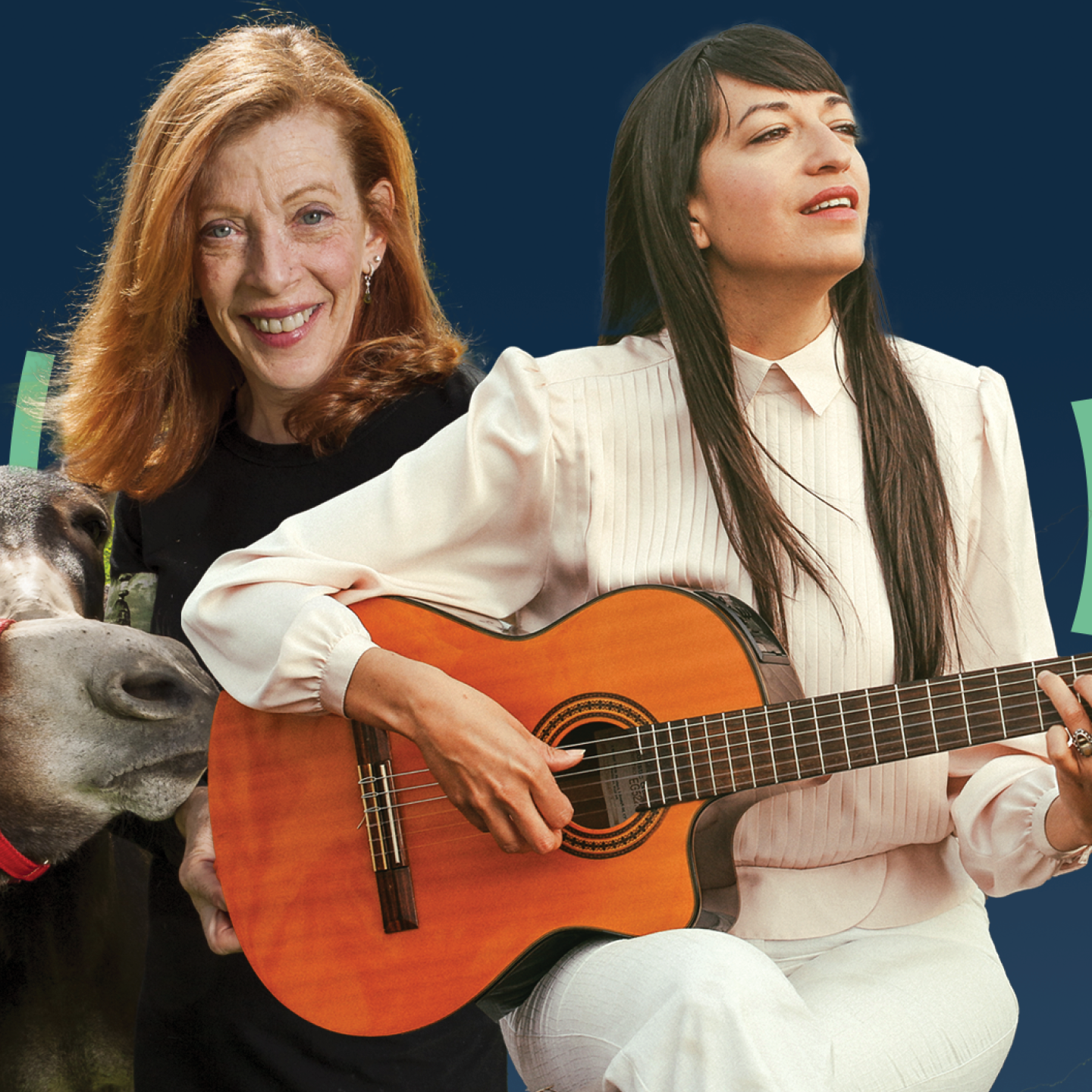 A composite photo of author Susan Orlean smiling and musician Diana Gameros playing guitar.