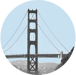 The southern tower of the Golden Gate Bridge is viewed from the San Francisco shore. The image is in black and white and contained in a light blue circle.