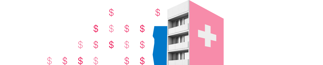 A black and white mid-rise apartment building is pictured at three-quarters view, revealing a pink side wall with a medical cross symbol on it. A small blue shape and a field of red dollar symbols are collaged to the left of the building.