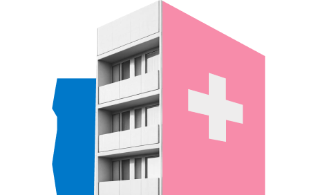 A black and white mid-rise apartment building is pictured at three-quarters view, revealing a pink side wall with a medical cross symbol on it. A small blue shape is collaged to the left of the building.