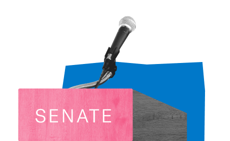 A black and white microphone is perched on a lectern. The front panel of the lectern is colored light red with the word "Senate" printed across the front. A small blue shape is collaged behind the image.
