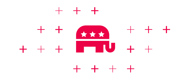The red elephant symbol of the Republican Party is surrounded by a field of red plus symbols in various weights.