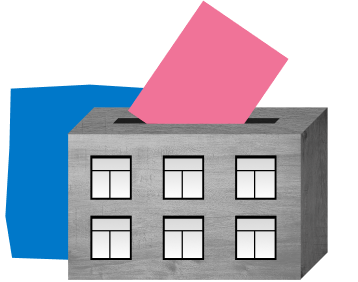 A black and white mid-rise apartment building is pictured at three-quarters view, revealing a pink side wall with a medical cross symbol on it. A small blue shape is collaged to the left of the building.