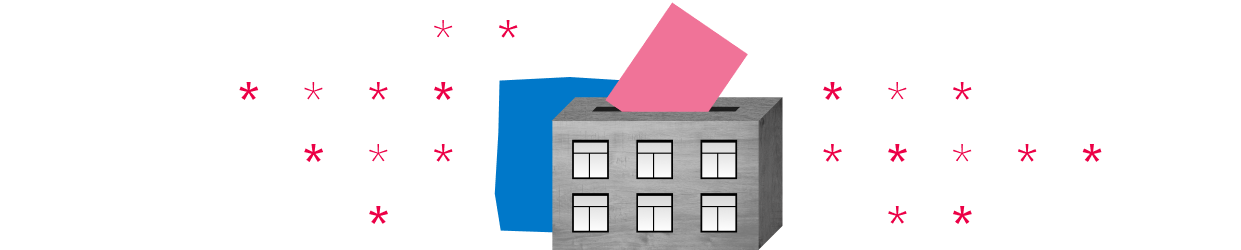 A black and white mid-rise apartment building is pictured at three-quarters view, revealing a pink side wall with a medical cross symbol on it. A small blue shape and a field of red dollar symbols are collaged to the left of the building.